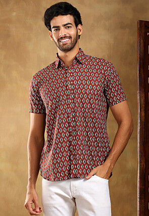 Block Printed Cotton Shirt in Maroon
