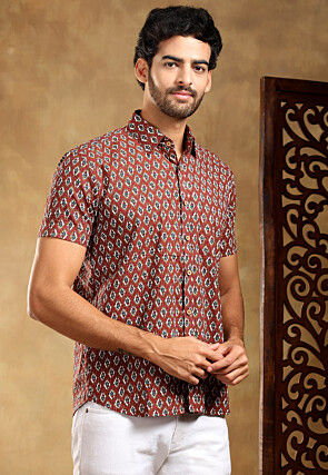 Block Printed Cotton Shirt in Maroon