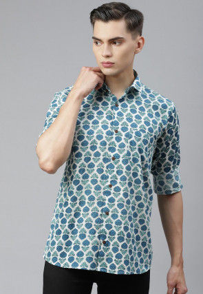 Block Printed Cotton Shirt in Off White