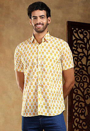 Block Printed Cotton Shirt in Off White