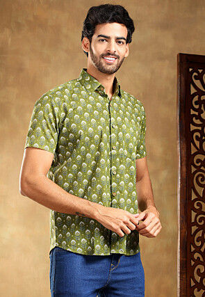 Block Printed Cotton Shirt in Olive Green