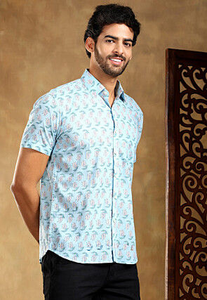 Block Printed Cotton Shirt in Pastel Blue