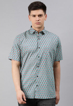 Block Printed Cotton Shirt in Sky Blue
