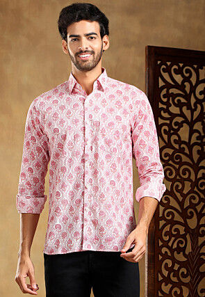 Block Printed Cotton Shirt in White