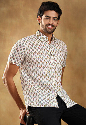 Block Printed Cotton Shirt in White