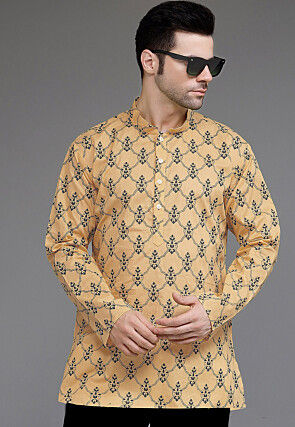 Block Printed Cotton Short Kurta in Beige