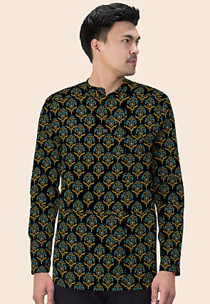 Block Printed Cotton Short Kurta in Black