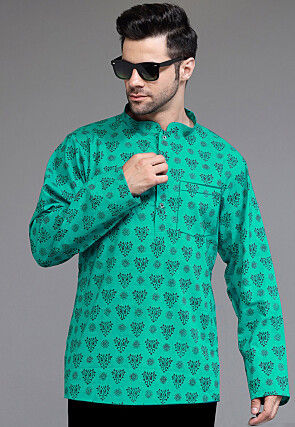 Block Printed Cotton Short Kurta in Blue