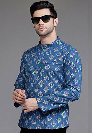 Block Printed Cotton Short Kurta in Blue