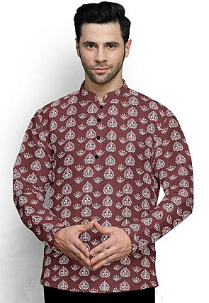 Block Printed Cotton Short Kurta in Brown