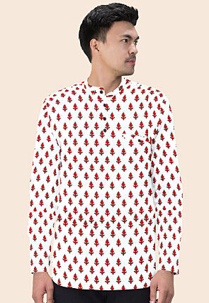 Block Printed Cotton Short Kurta in Cream