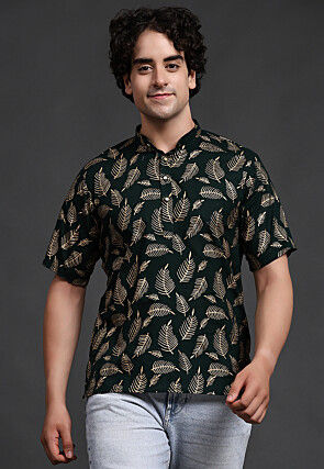 Block Printed Cotton Short Kurta in Dark Green