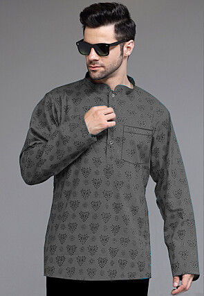 Block Printed Cotton Short Kurta in Dark Grey