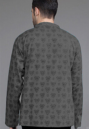 Block Printed Cotton Short Kurta in Dark Grey