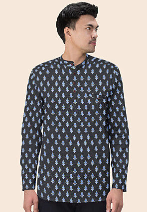 Block Printed Cotton Short Kurta in Dark Grey