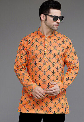 Block Printed Cotton Short Kurta in Dark Peach