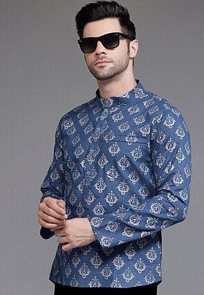 Block Printed Cotton Short Kurta in Dusty Blue