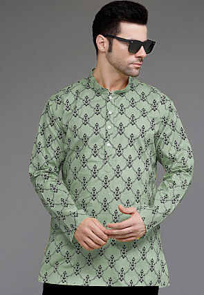 Block Printed Cotton Short Kurta in Dusty Green