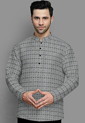 Block Printed Cotton Short Kurta in Grey