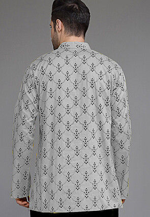 Block Printed Cotton Short Kurta in Grey