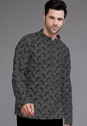 Block Printed Cotton Short Kurta in Grey