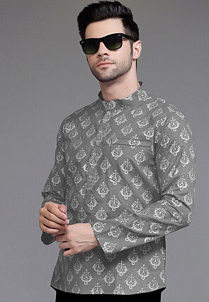 Block Printed Cotton Short Kurta in Grey