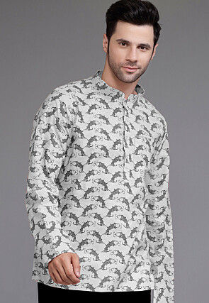 Block Printed Cotton Short Kurta in Light Grey