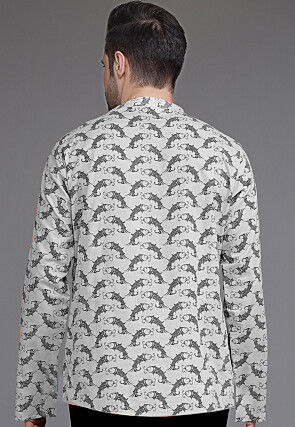 Block Printed Cotton Short Kurta in Light Grey