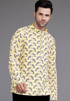 Block Printed Cotton Short Kurta in Light Yellow