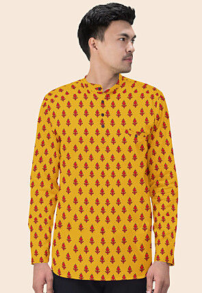 Block Printed Cotton Short Kurta in Mustard