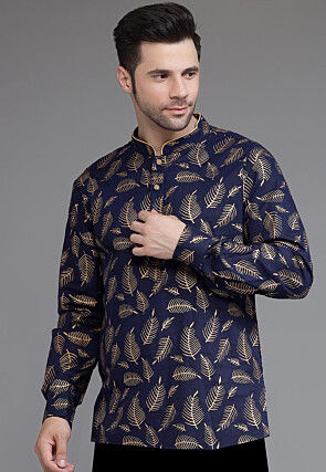 Block Printed Cotton Short Kurta in Navy Blue