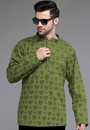 Block Printed Cotton Short Kurta in Olive Green