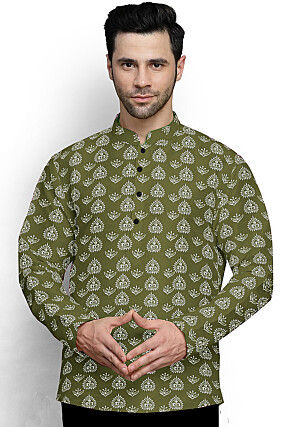 Block Printed Cotton Short Kurta in Olive Green