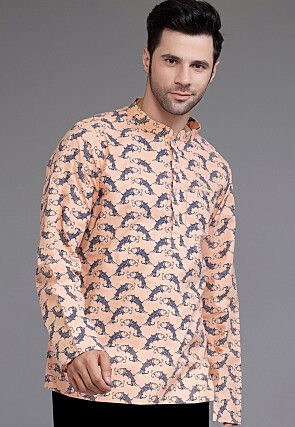 Block Printed Cotton Short Kurta in Peach