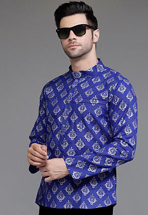 Block Printed Cotton Short Kurta in Royal Blue