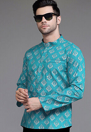 Block Printed Cotton Short Kurta in Teal Blue
