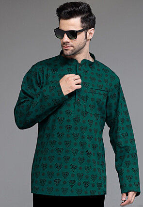 Block Printed Cotton Short Kurta in Turquoise