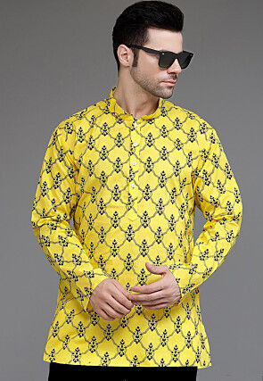Block Printed Cotton Short Kurta in Yellow