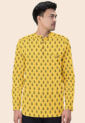 Block Printed Cotton Short Kurta in Yellow
