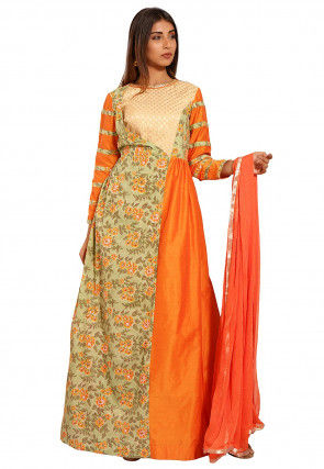 Block Printed Cotton Silk Abaya Style Suit in Orange and Green
