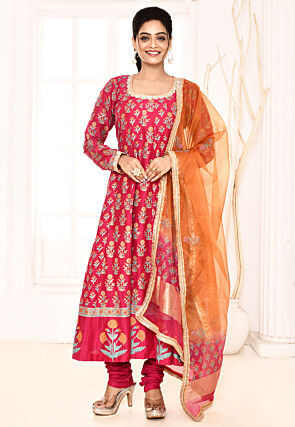 Block Printed Cotton Silk Aline Suit in Fuchsia
