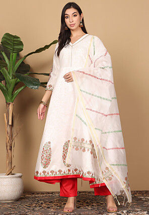 Block Printed Cotton Silk Aline Suit in Off White