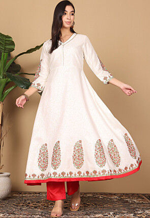 Block Printed Cotton Silk Aline Suit in Off White