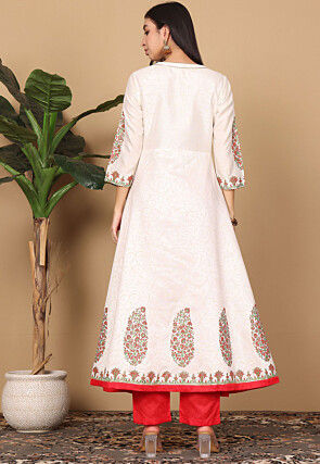 Block Printed Cotton Silk Aline Suit in Off White