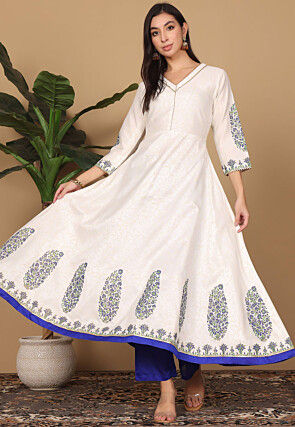 Block Printed Cotton Silk Aline Suit in Off White