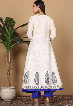 Block Printed Cotton Silk Aline Suit in Off White