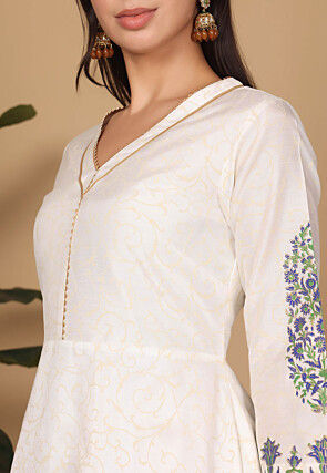 Block Printed Cotton Silk Aline Suit in Off White