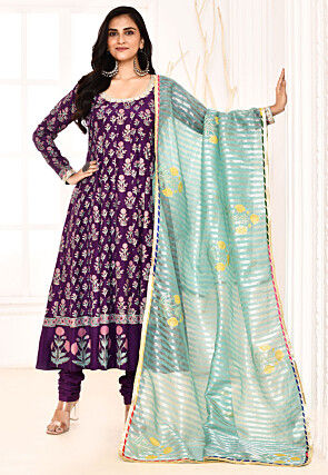 Block Printed Cotton Silk Aline Suit in Violet
