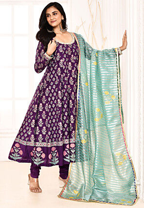 Block Printed Cotton Silk Aline Suit in Violet