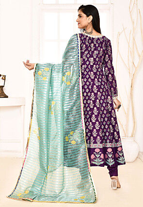 Block Printed Cotton Silk Aline Suit in Violet